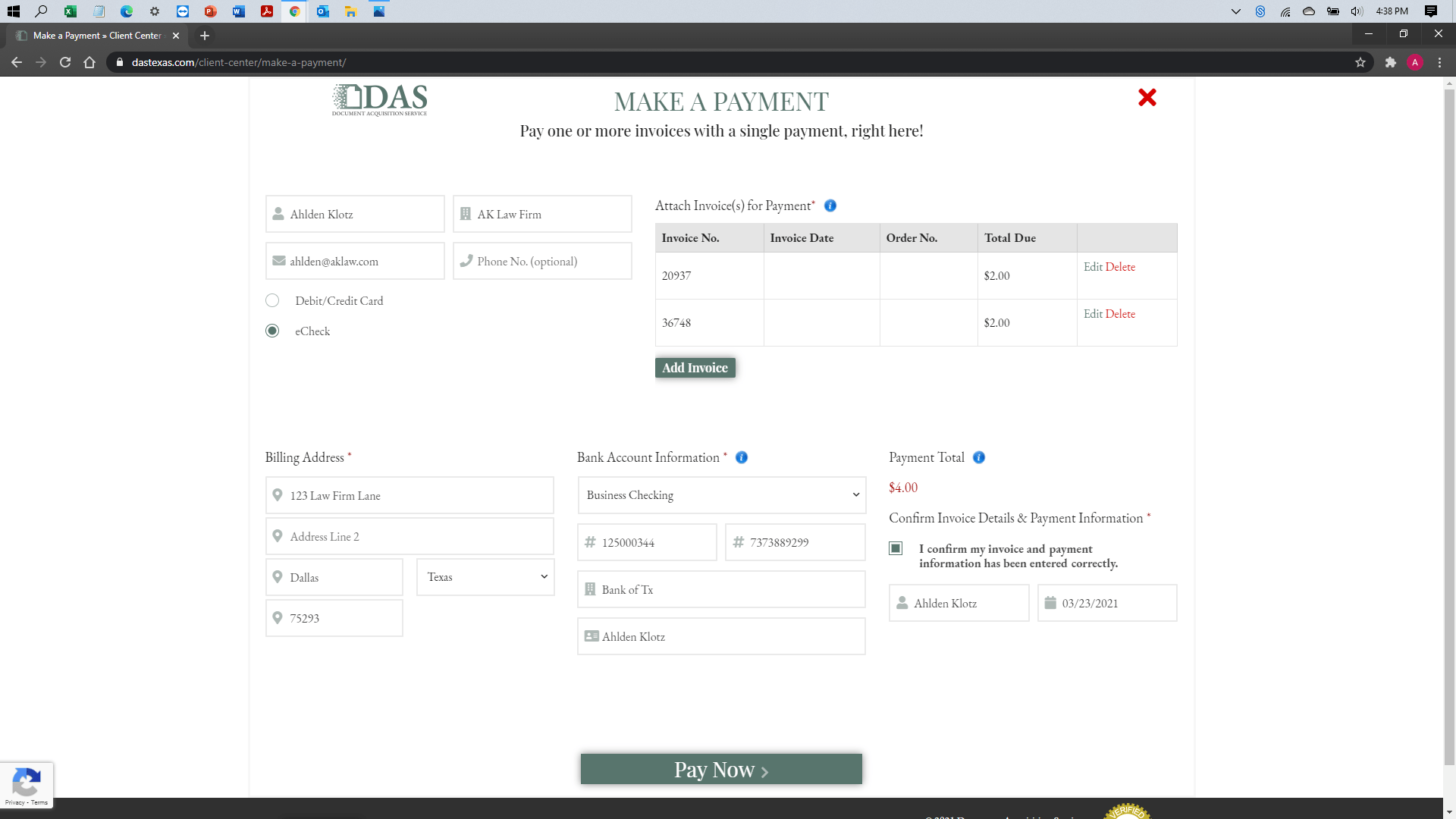 [help docs] Make a Payment - eCheck - Ready to Submit